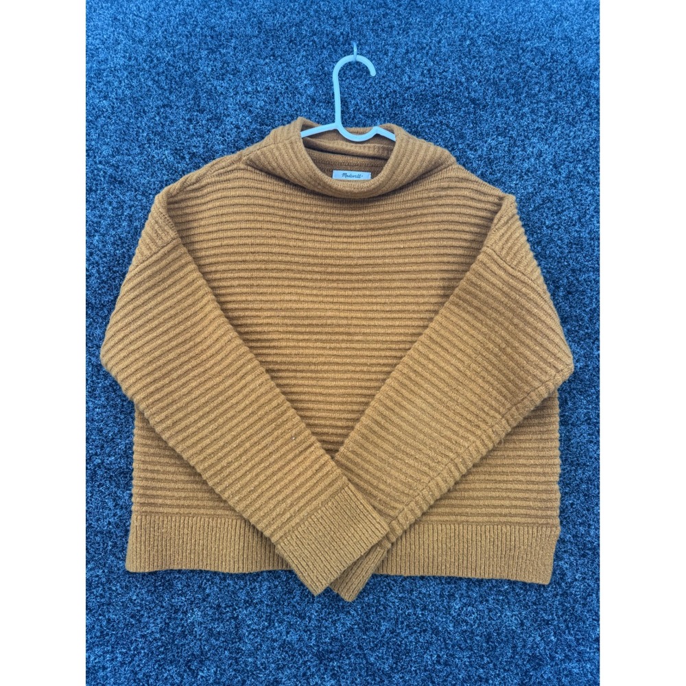 Madewell Ribbed Mockneck Sweater Mustard Yellow Wool Blend Large L Relaxed Fit